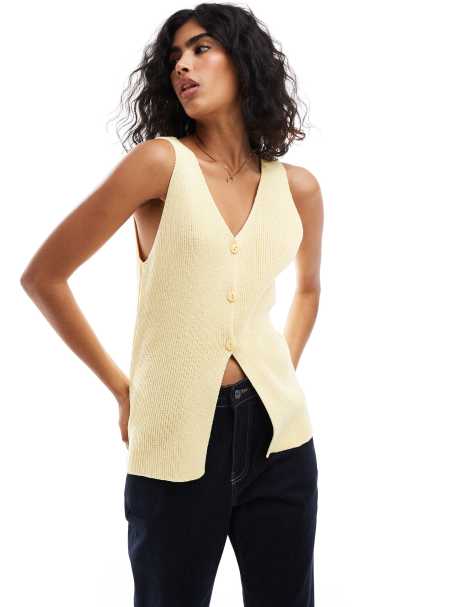 ASOS DESIGN knit longline v neck vest in lemon - view 1