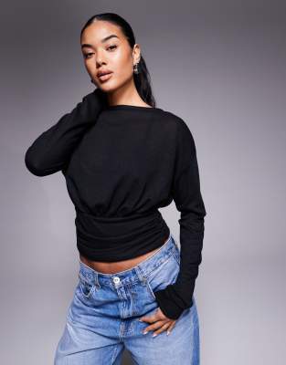 Asos Design Knit-look Asymmetric One Shoulder Long Sleeve Top With Cinch Waist Detail In Black