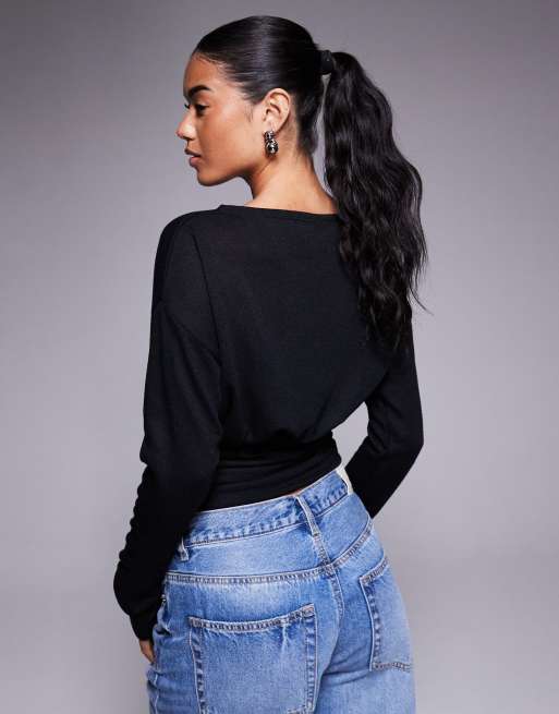 ASOS DESIGN knit-look asymmetric one shoulder long sleeve top with cinch waist detail in black
