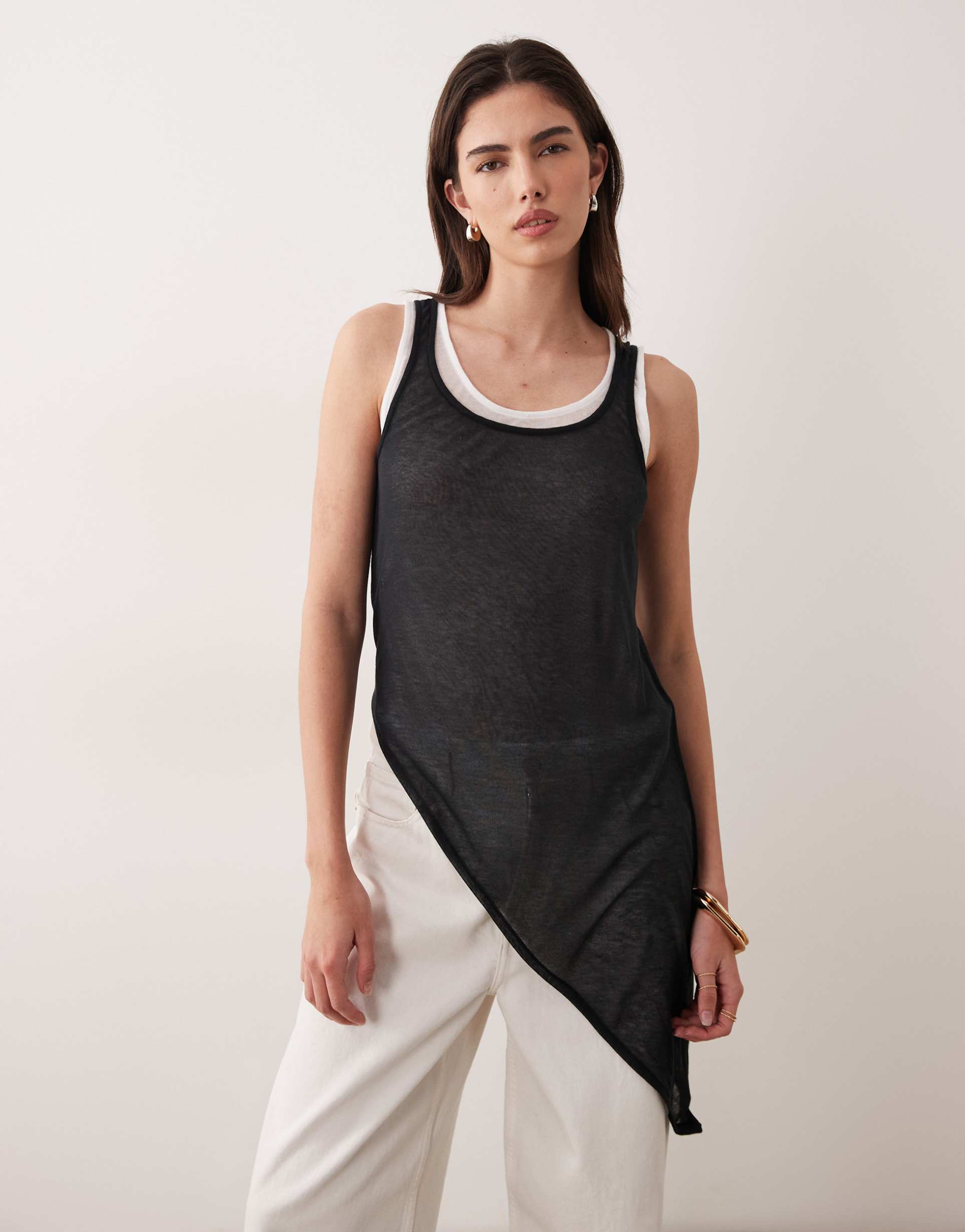 asos design knit-look double layer asymmetric longline tank top in black and ecru