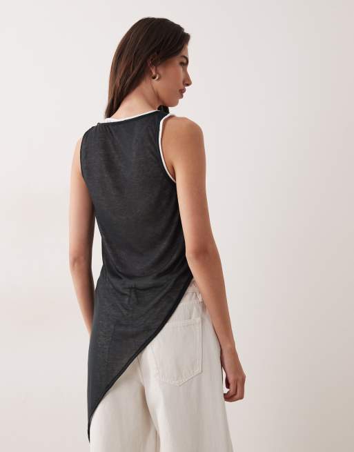 ASOS DESIGN knit-look double layer asymmetric longline tank top in black and ecru, 4 of 4
