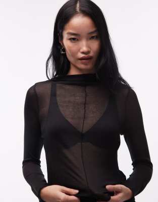 Asos Design Knit-look Funnel Neck Second Skin Long Sleeve Top In Black