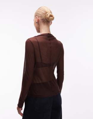 Asos Design Knit-look Funnel Neck Second Skin Long Sleeve Top In Brown