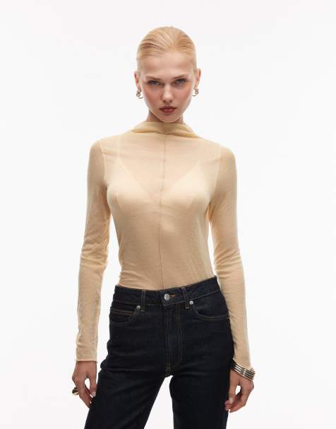 ASOS DESIGN knit-look funnel neck second skin long sleeve top in parsnip yellow - view 1
