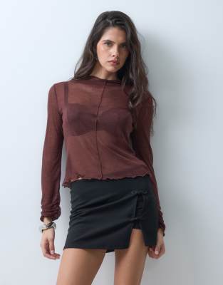 ASOS DESIGN knit look long sleeve top with seam detail in chocolate | ASOS