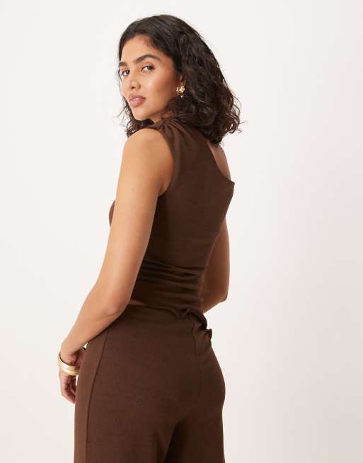 ASOS DESIGN knit-look off the shoulder asymmetric top in dark brown - part of a set