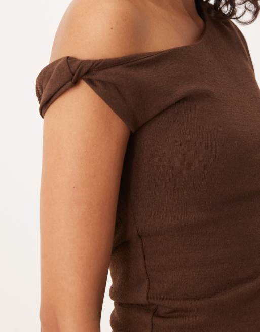 ASOS DESIGN knit-look off the shoulder asymmetric top in dark brown - part of a set