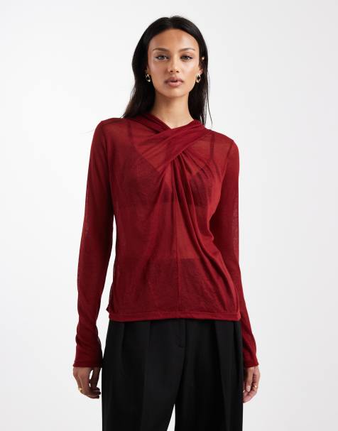 ASOS DESIGN knit-look semi sheer long sleeve top with drape neck in burgundy - view 1