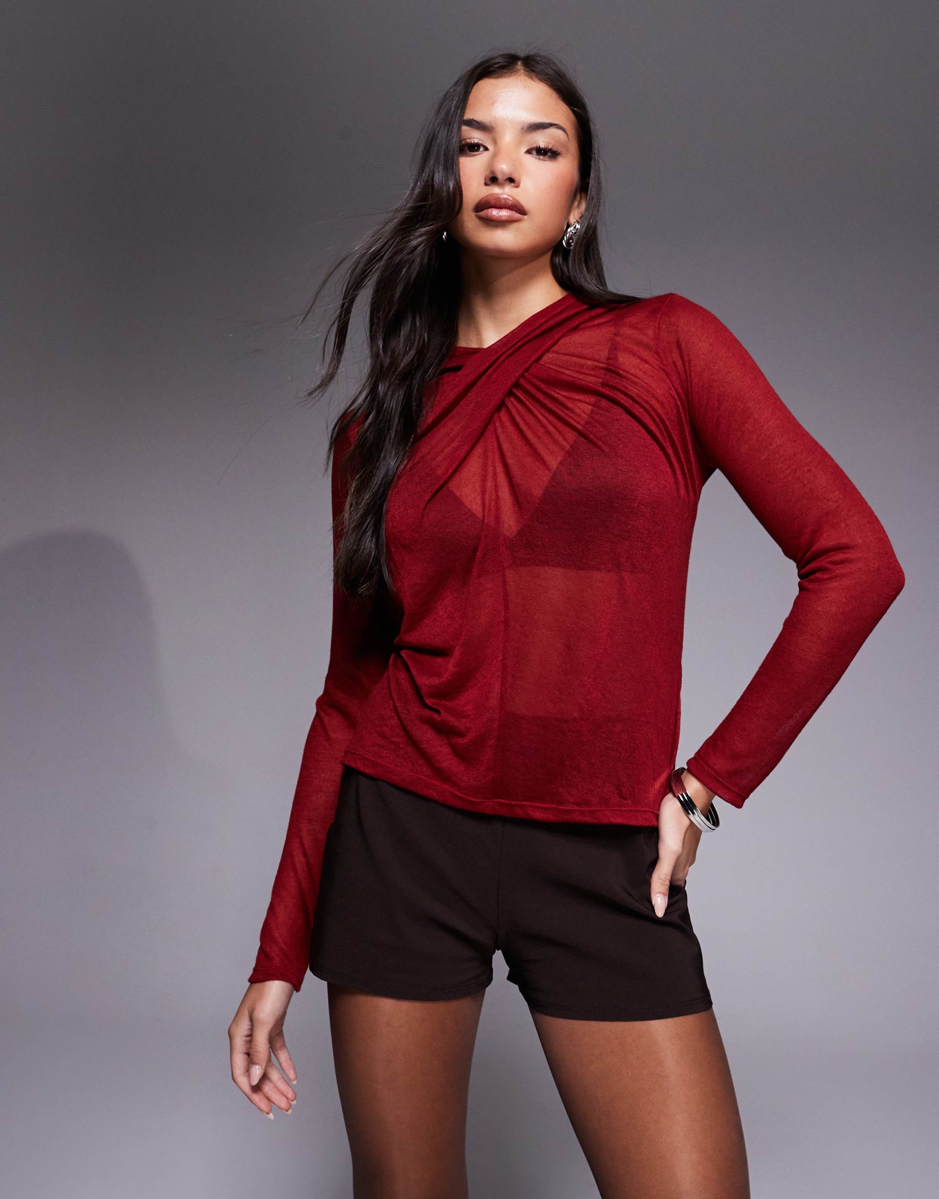 asos design knit-look semi sheer long sleeve top with draped neck in burgundy