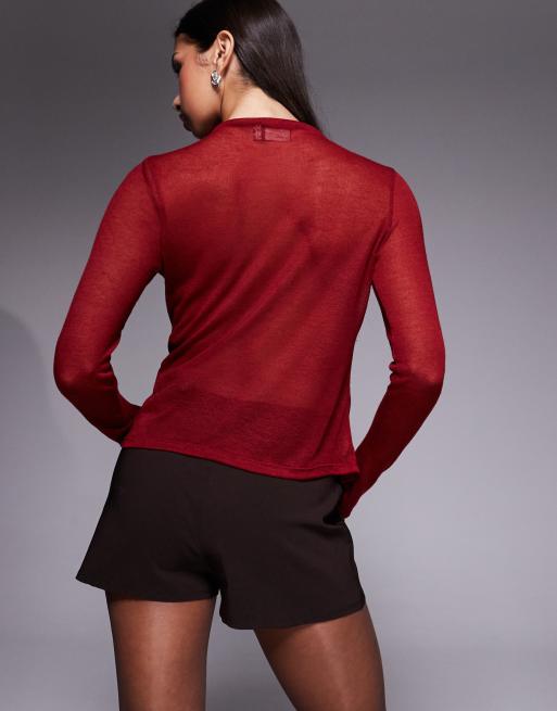 ASOS DESIGN knit-look semi sheer long sleeve top with draped neck in burgundy, 4 of 4