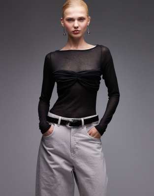 Asos Design Knit-look Semi Sheer Long Sleeve Top With Ruched Bust Overlay In Black