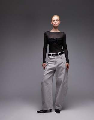 Asos Design Knit-look Semi Sheer Long Sleeve Top With Ruched Bust Overlay In Black