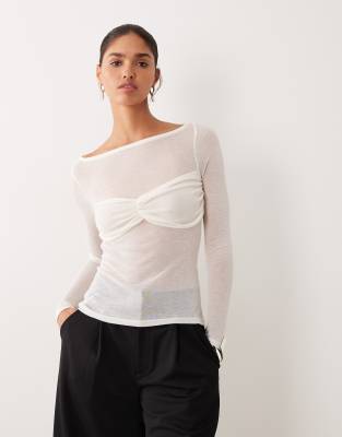 Asos Design Knit-look Semi Sheer Long Sleeve Top With Ruched Bust Overlay In White