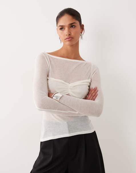 ASOS DESIGN knit-look semi sheer long sleeve top with ruched bust overlay in ivory - view 1