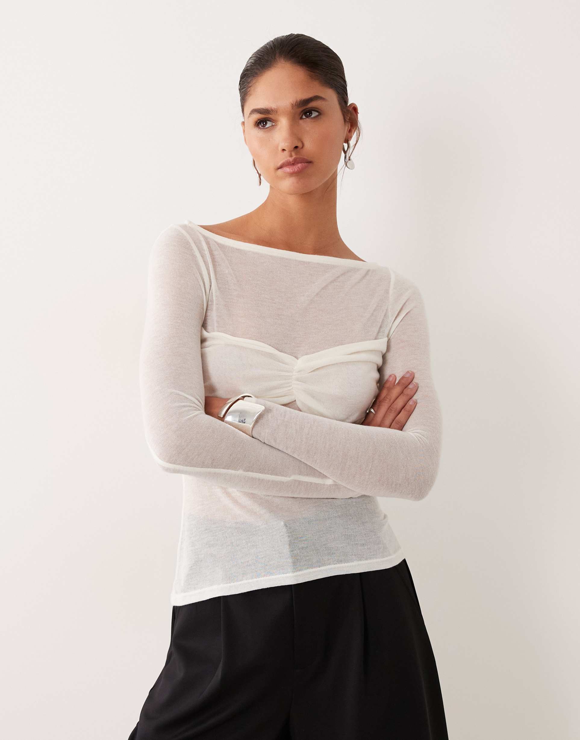 asos design knit-look semi sheer long sleeve top with ruched bust overlay in ivory