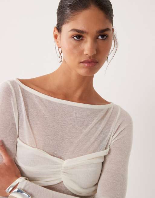 ASOS DESIGN knit-look semi sheer long sleeve top with ruched bust overlay in ivory, 2 of 4