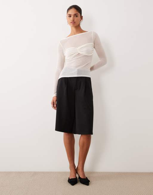 ASOS DESIGN knit-look semi sheer long sleeve top with ruched bust overlay in ivory, 4 of 4