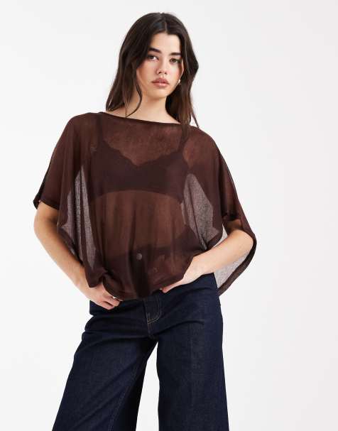 ASOS DESIGN knit-look semi sheer slash neck cape top in chocolate