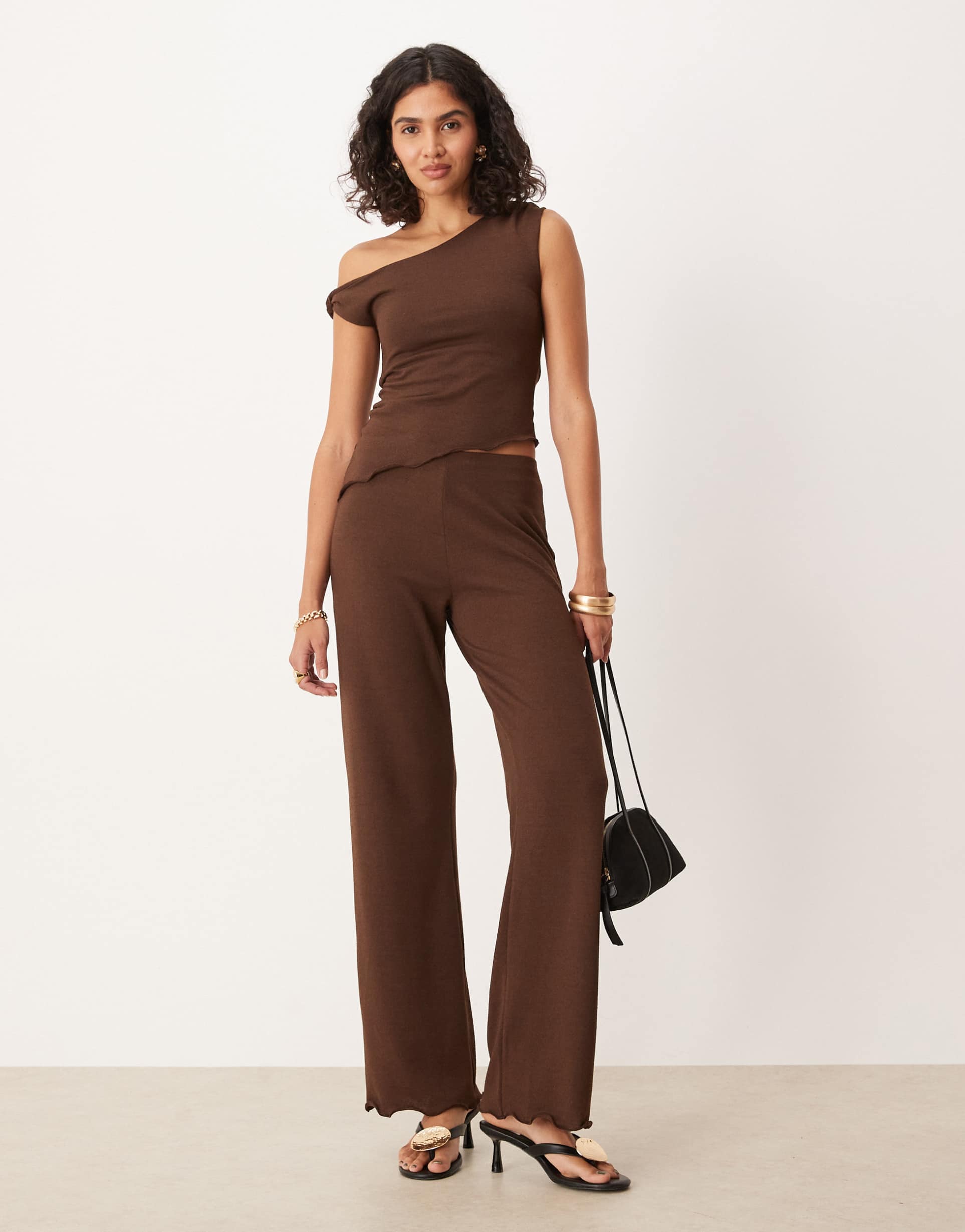 asos design knit-look straight leg pants in dark brown - part of a set