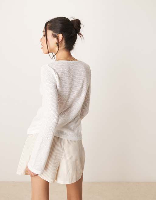 ASOS DESIGN knit look tie front long sleeve top in cream, 4 of 4