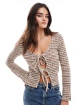 [ASOS DESIGN] ASOS DESIGN knit look tie front top in beige and white stripe-Multi M BEIGE & WHITE STRIPE