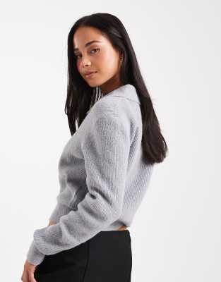 Asos Design Knit Loose Knit Collar Henley Sweater In Gray