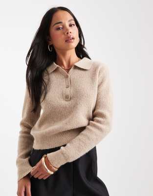 Asos Design Knit Loose Knit Collar Henley Sweater In Neutral