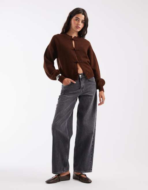 ASOS DESIGN knit mandarin detailing cardigan in chocolate brown, 2 of 4