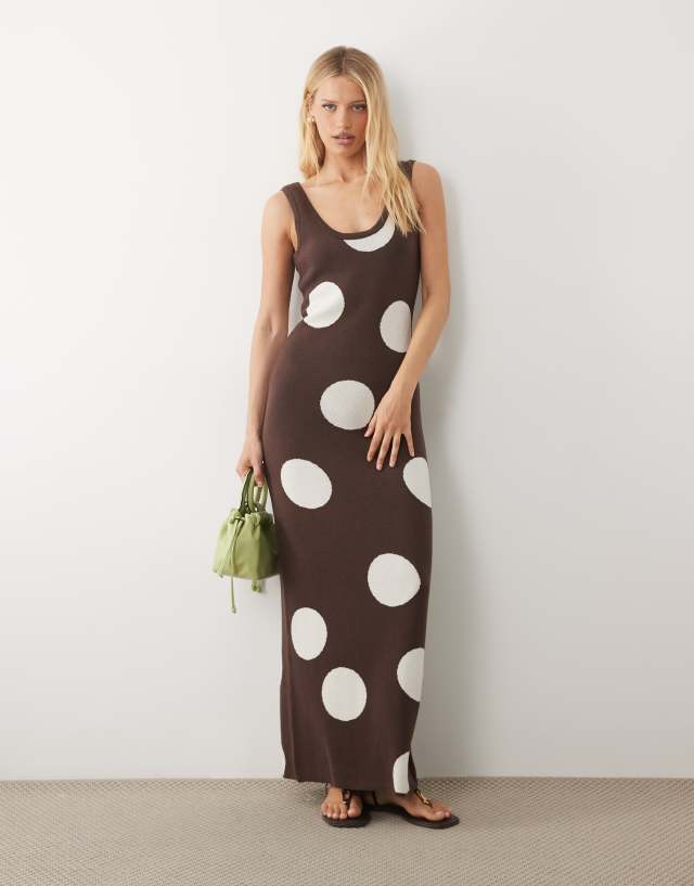 asos brown polka dot dress Design - Knit Maxi - Women - Polyester/Cotton - XS dot print adds a Size: 20 10 Bella Hadid Red Color::#52-Black