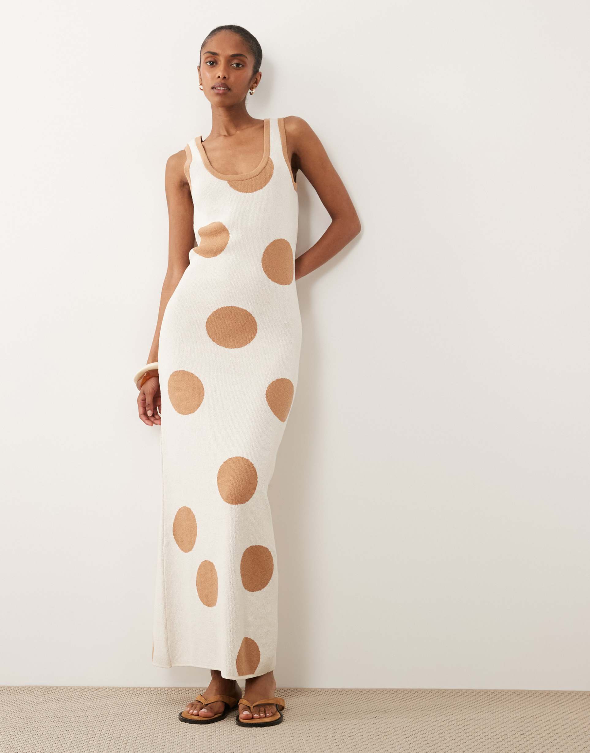asos design knit maxi dress in ecru polka dot