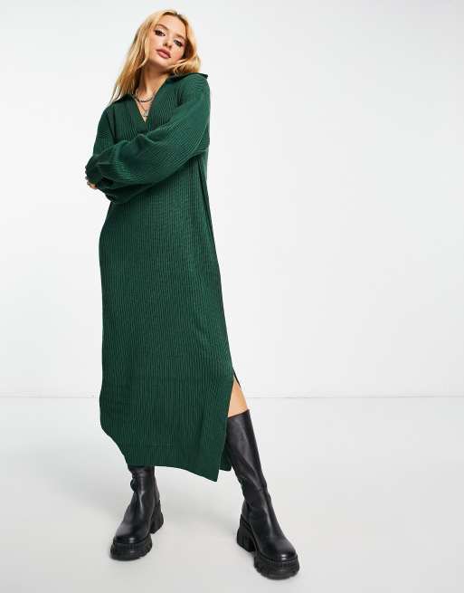 ASOS DESIGN knit maxi dress with open collar in dark green