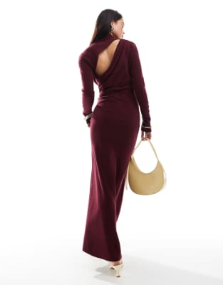 ASOS DESIGN knit maxi dress with slash back detail in burgundy-Red