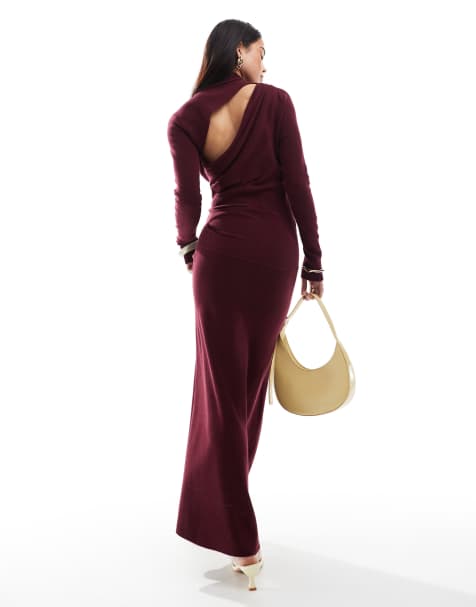 ASOS DESIGN knit maxi dress with slash back detail in burgundy - view 1