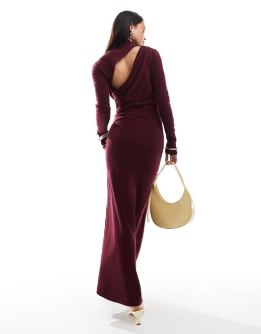 ASOS DESIGN knit maxi dress with slash back detail in burgundy