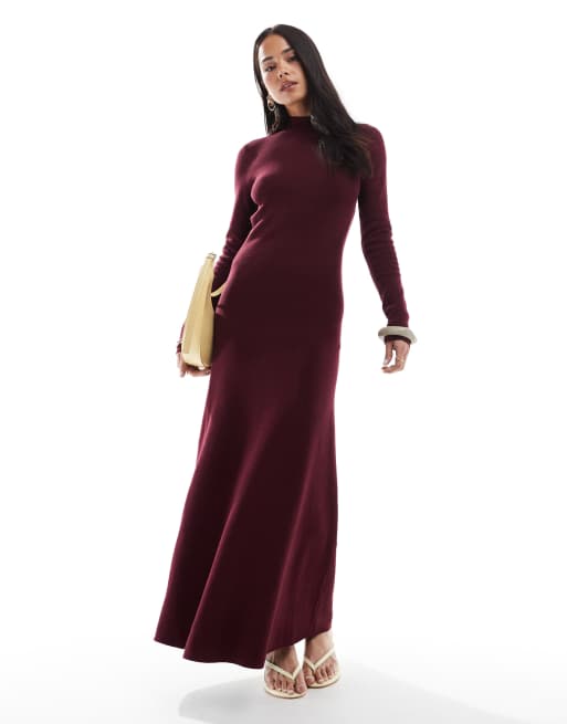 ASOS DESIGN knit maxi dress with slash back detail in burgundy