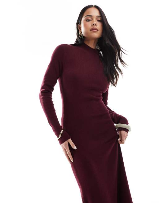 ASOS DESIGN knit maxi dress with slash back detail in burgundy