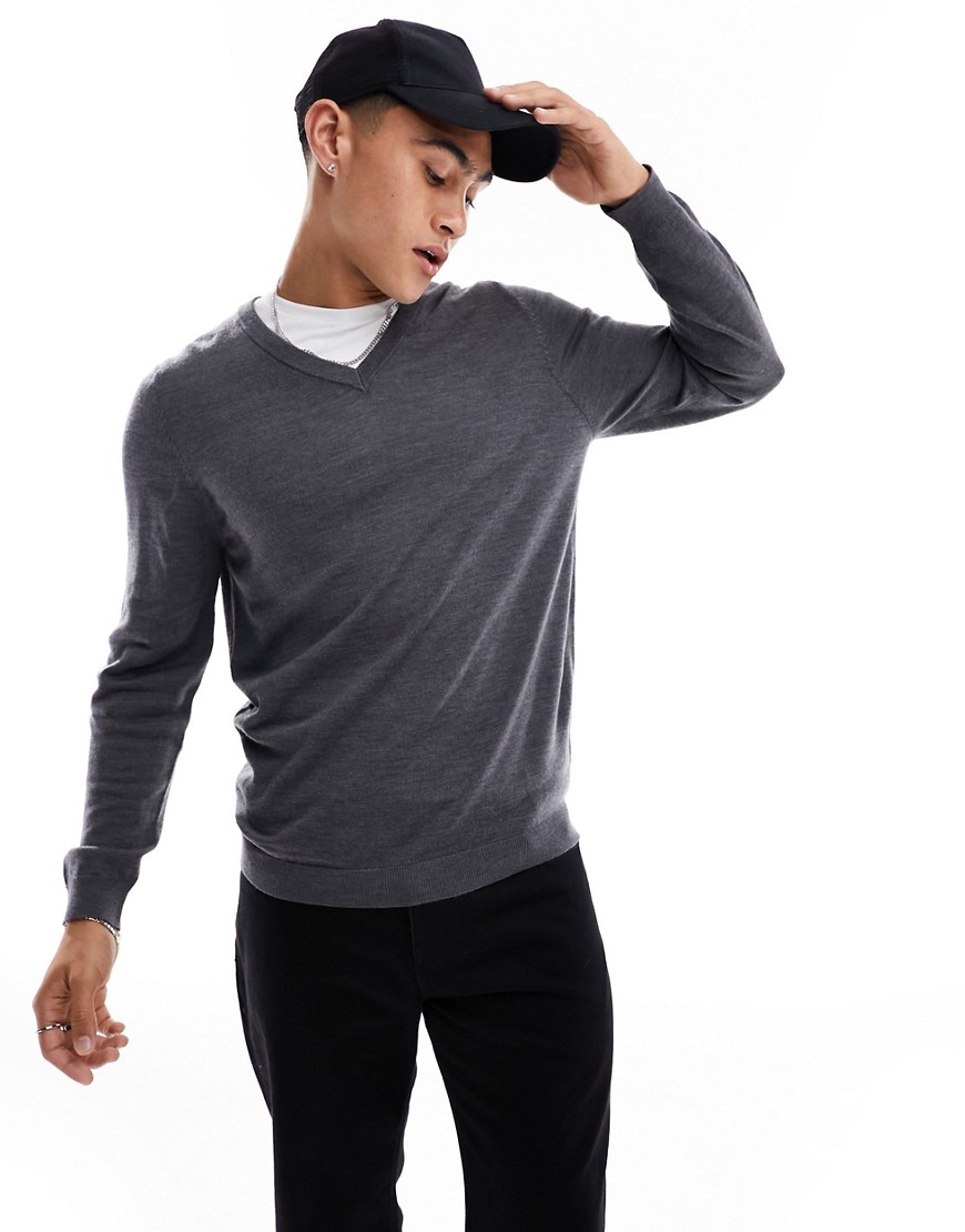Asos Design Knit Merino Wool V Neck Sweater In Gray
