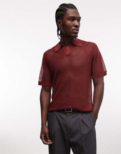 ASOS DESIGN knit mesh notch neck polo in red - view 1