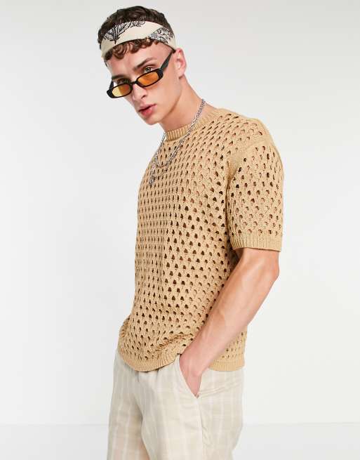 ASOS DESIGN knit mesh T-shirt in brown | ASOS