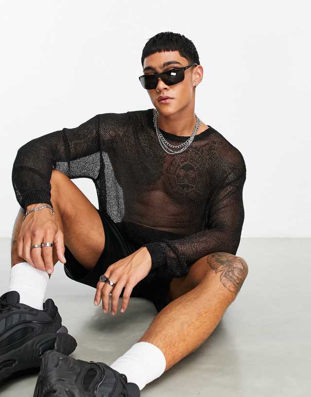 ASOS DESIGN knit metallic mesh long sleeve sweater in black