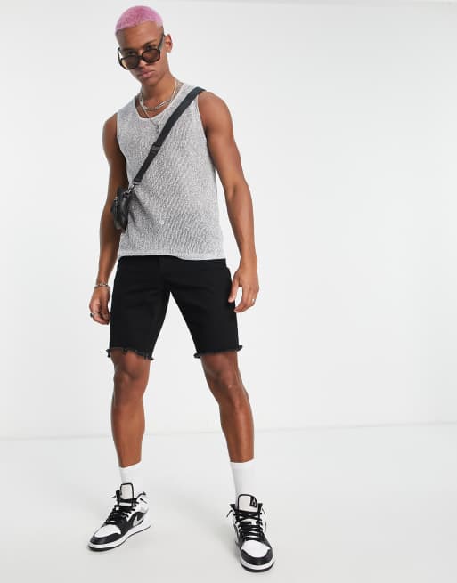 ASOS DESIGN skinny tank top in black metallic texture with turtle