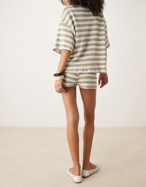 ASOS DESIGN knit micro shorts in olive and cream stripe - part of a set, 5 of 5