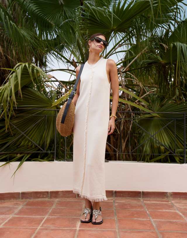 knit midaxi dress ASOS DESIGN with fringe seam front detail in cream Fall/Winter Collection