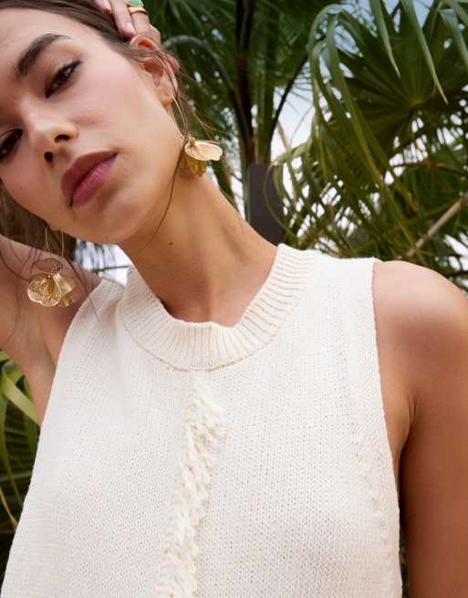 asos design bow front rib midaxi dress in cream ASOS DESIGN knit midaxi dress with fringe seam front detail in cream