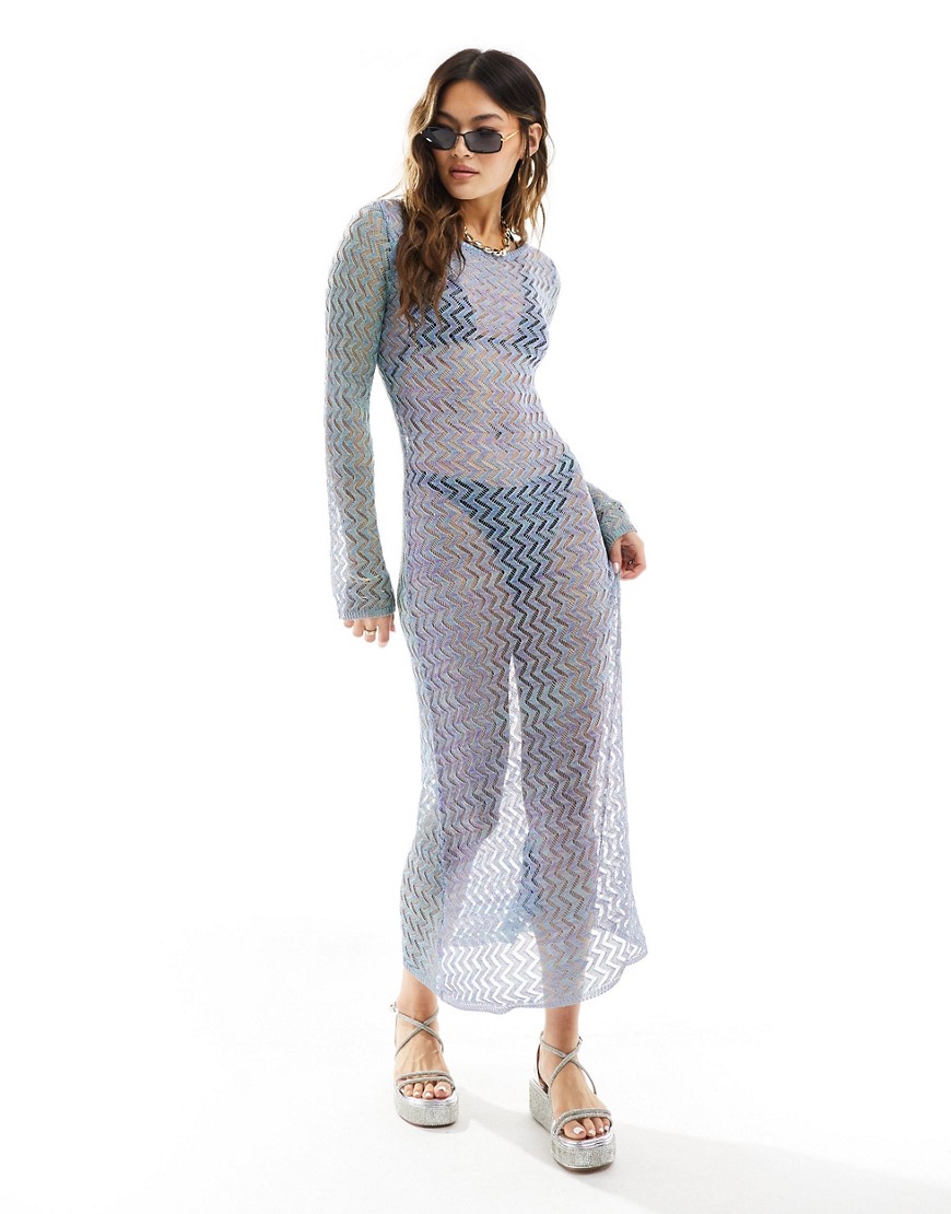 Asos Design Knit Midaxi Dress With Long Sleeves In Metallic Yarn-blue