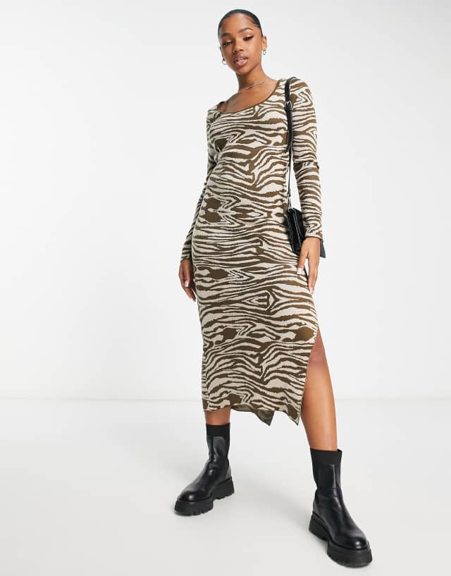 ASOS DESIGN knit midi dress in brown zebra pattern