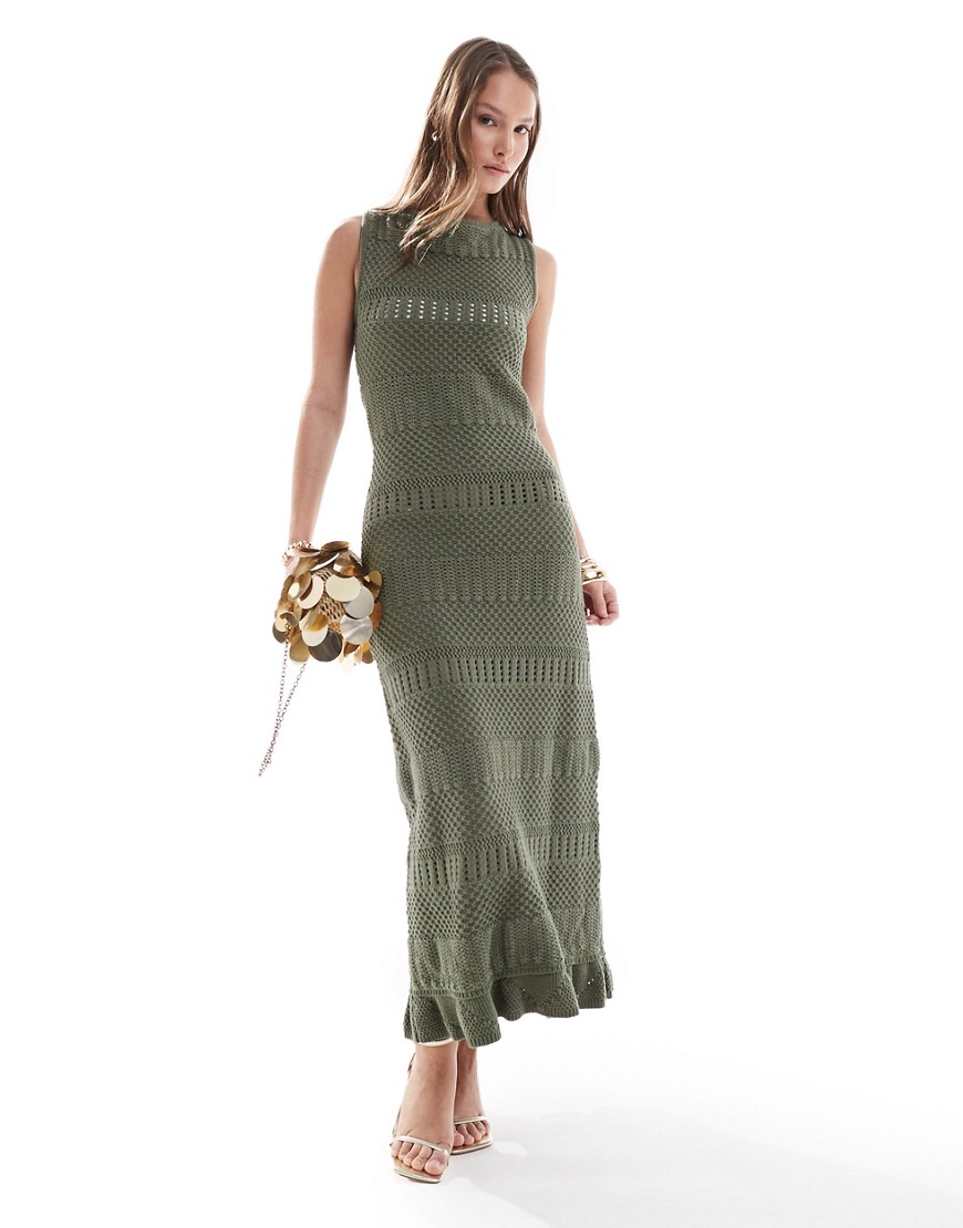Asos Design Knit Midi Dress In Stitch Detail In Sage-green