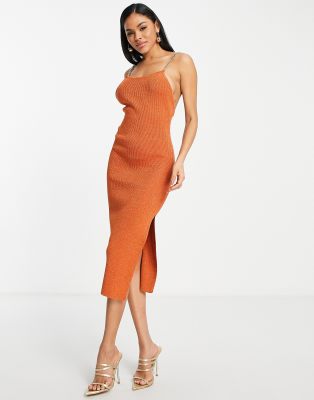 ASOS DESIGN knit midi dress with chain straps in metallic yarn in brown