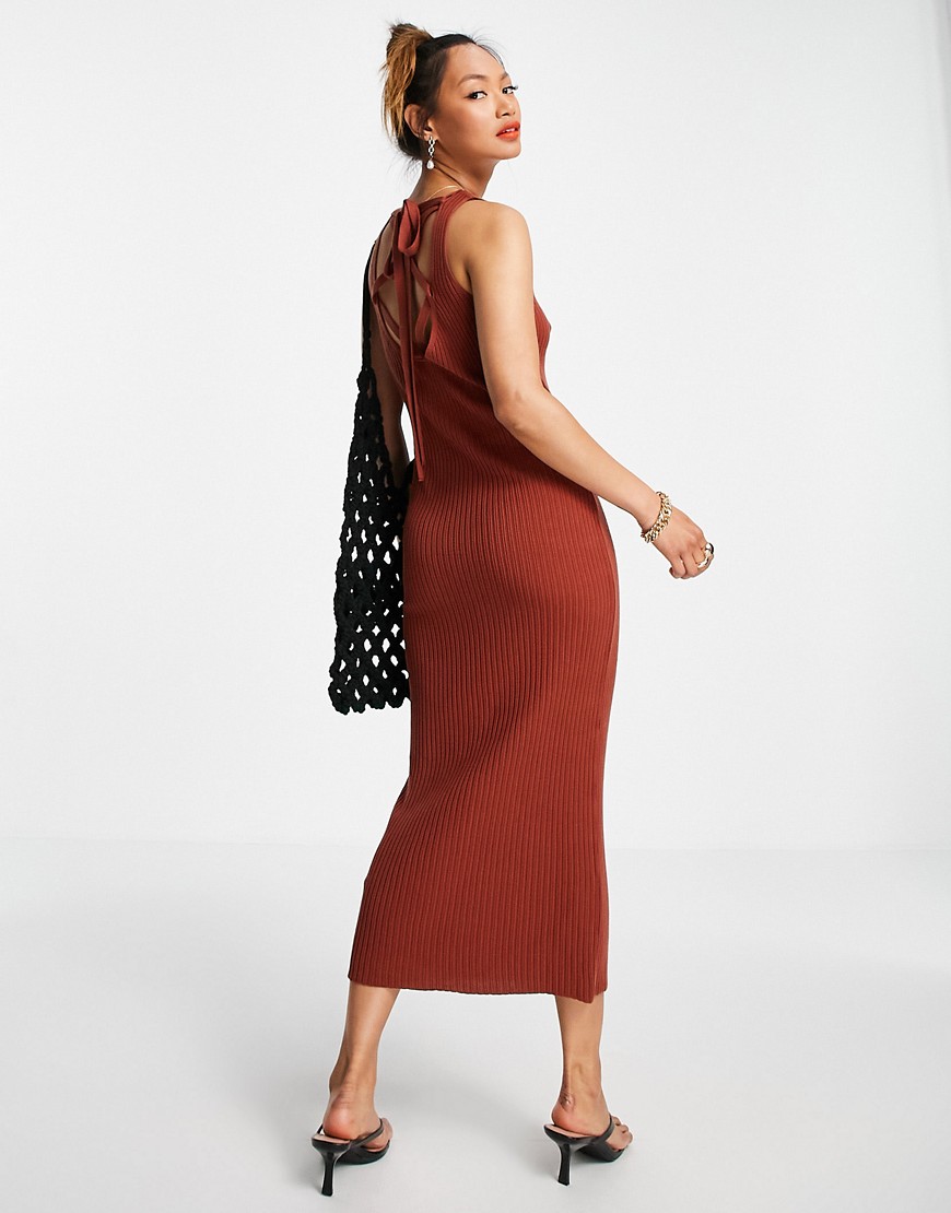 ASOS DESIGN knit midi dress with lace-up back detail in brown