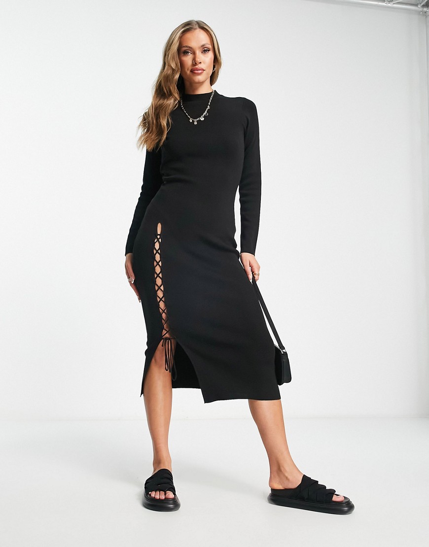 ASOS DESIGN knit midi dress with lace up detail in black